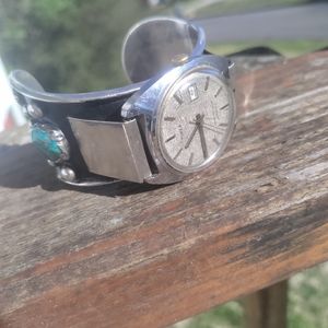 1975 TIMEX Viscount, Sterling & Turquoise cuff, Automatic, Heavy, Nice, runs A+